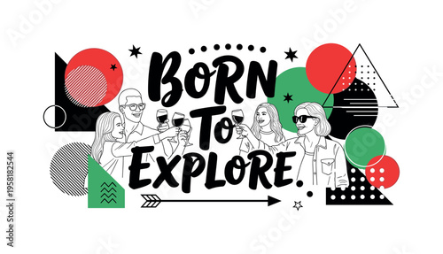 family toasting with wine glasses abstract circles lines and geometric shapes representing joyful holiday celebration black and white retro human silhouettes