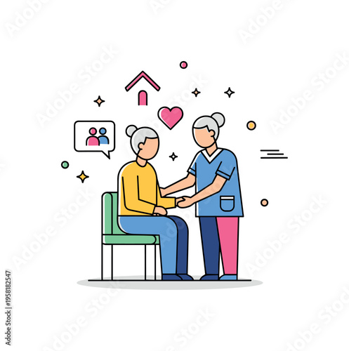 Home caregiving support caregiver gently assisting a seated elderly person while a small heart icon highlights compassion and trust. The scene expresses