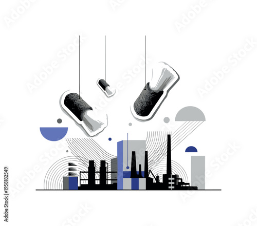 floating asbestos fibers above industrial site abstract semicircles lines and geometric blocks symbolizing airborne hazardous particles black and white retro