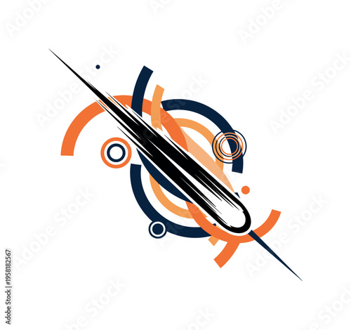 black and white comet with visible tail crossing composition, white outline cut-out style, curved geometric arcs and circular shapes suggesting trajectory