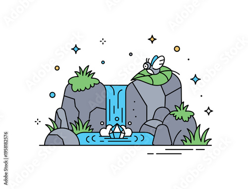 Secret magical valley with a tiny waterfall flowing into a crystal pool while a small winged creature rests on a leaf nearby. The tranquil scene conveys