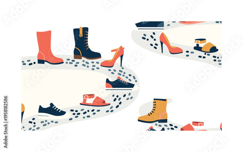 shared path different shoes seamless pattern, boots sneakers heels sandals and slippers placed along a winding trail with small footprints arranged in a