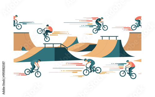 bike trick freestyle park seamless pattern, BMX riders jumping and spinning bikes performing stunts over ramps and rails with motion streaks arranged in a