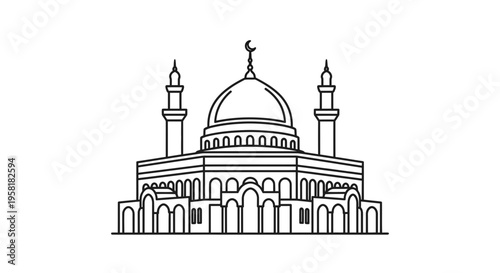 A minimalist line art illustration of a grand mosque, featuring a central dome and twin minarets, showcasing Islamic architectural elegance