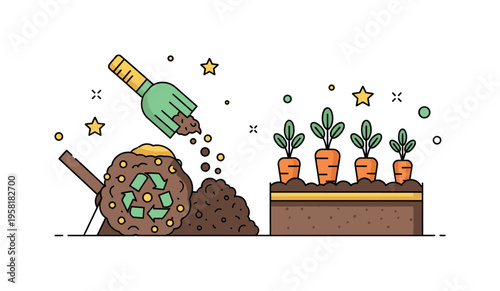 Compost and urban gardening connection compost pile feeding a nearby vegetable bed with carrots and plants growing from enriched soil. The