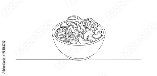 Assorted Nuts Scene. Minimalistic one-line drawing small round bowl containing walnuts, almonds, and cashews, continuous single black line on white background,