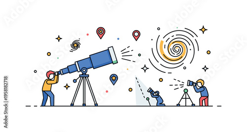 Observing distant galaxies telescope aimed at a stylized spiral galaxy while tiny star markers and sparkle icons represent astronomers studying faint light