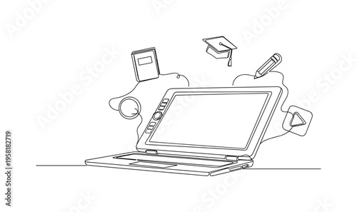 E-Learning Device. Minimalistic one-line drawing tablet or laptop with educational app icons floating around, continuous single black line on white background,