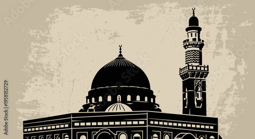A sepia-toned illustration of a mosque, featuring a dome and minaret, evoking a sense of historical Islamic architecture and cultural heritage
