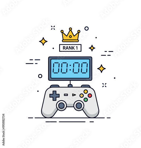 Gaming leaderboard moment featuring a small digital scoreboard rising above a game controller while a crown icon labeled ?Rank ? signals top performance. A