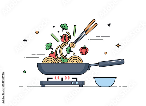 Quick stir fry dinner frying pan tossing vegetables and noodles with small motion lines suggesting fast cooking on the stove. The scene reflects a speedy