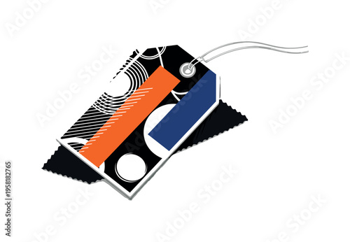 black and white clothing tag attached to a zipper pull on fabric, cut-out collage style with white outline, layered semicircles and horizontal graphic bars