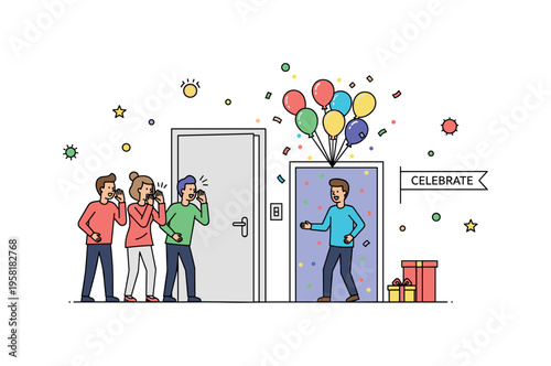 Friends shouting surprise together as a door opens and the guest of honor steps into a room filled with balloons and confetti. A small banner reading