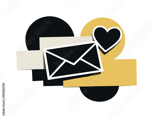 Black and white editorial love message illustration, envelope and heart icons as realistic cut-out elements with white outline, overlapping abstract blocks and