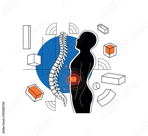 black and white human spine floating beside a bending silhouette symbolizing back pain awareness, bold blue circle behind the spine representing focus on
