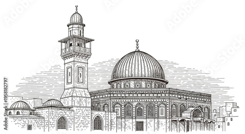 Historic architectural illustration of a revered Middle Eastern sanctuary, showcasing an iconic domed structure with a majestic minaret against a traditional backdrop