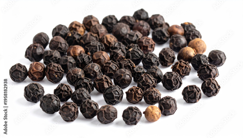 Fototapeta premium Scattered whole black peppercorns showing detailed textured surfaces on white