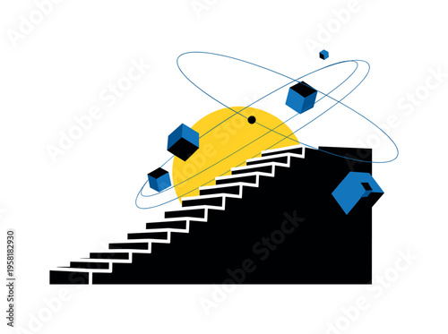 cosmic planetary system with staircase leading toward orbiting planets, black and white cut-out staircase with white outline, large yellow sun circle behind