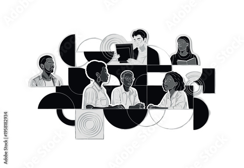 community workshop on climate action, geometric circles semicircles and abstract blocks representing learning and collaboration, black and white