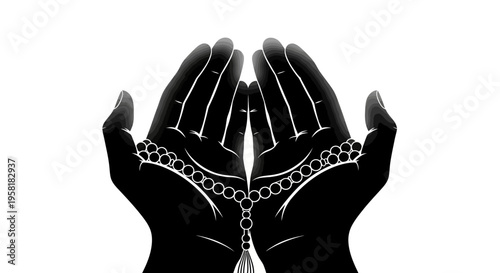 Hands with rosary prayer beads.