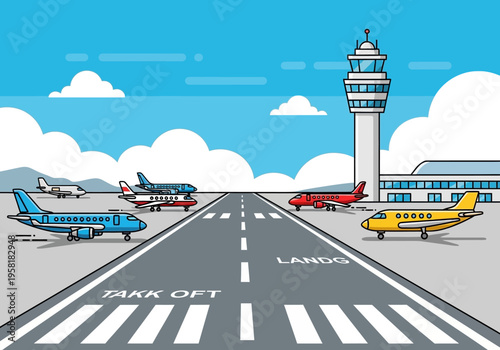 Airport scene with multiple airplanes on the runway and a control tower.