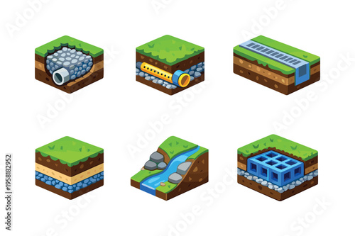 LandscapeDrainage. Isometric flat vector icons set of landscape drainage: gravel drainage trench, perforated pipe line, garden drain channel, soil water filter