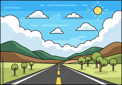 Straight Asphalt Road Leading Through Green Hills Under a Blue Sky.