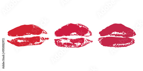 Set of lipstick kiss print Different shapes and colors imprint of lips Red pink female sexy lips makeup Design elements for beauty fashion poster Valentines Day wedding