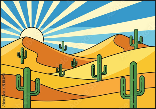 Vibrant Desert Landscape with Saguaros and Sun Rays.