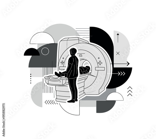 patient entering MRI machine, geometric semicircles arrows and abstract forms representing movement and precision, black and white retro realistic patient and