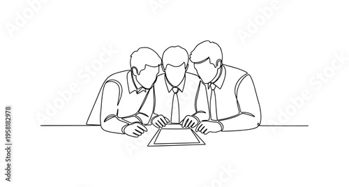 Office Teamwork. Minimalistic one-line drawing colleagues leaning over a desk to review a report together, continuous single black line on white background,
