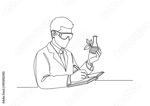 Eco Materials Research. Minimalistic one-line drawing scientist holding sample of sustainable material while taking notes, continuous single black line on