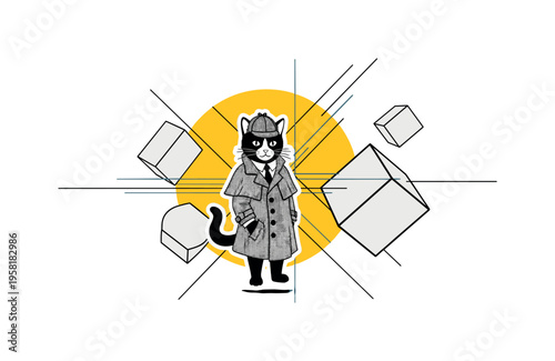cat wearing a vintage detective costume with trench coat and hat, black and white cut-out object with white outline, bold yellow circle and geometric lines