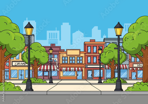 Charming Street Scene with Buildings and Trees.