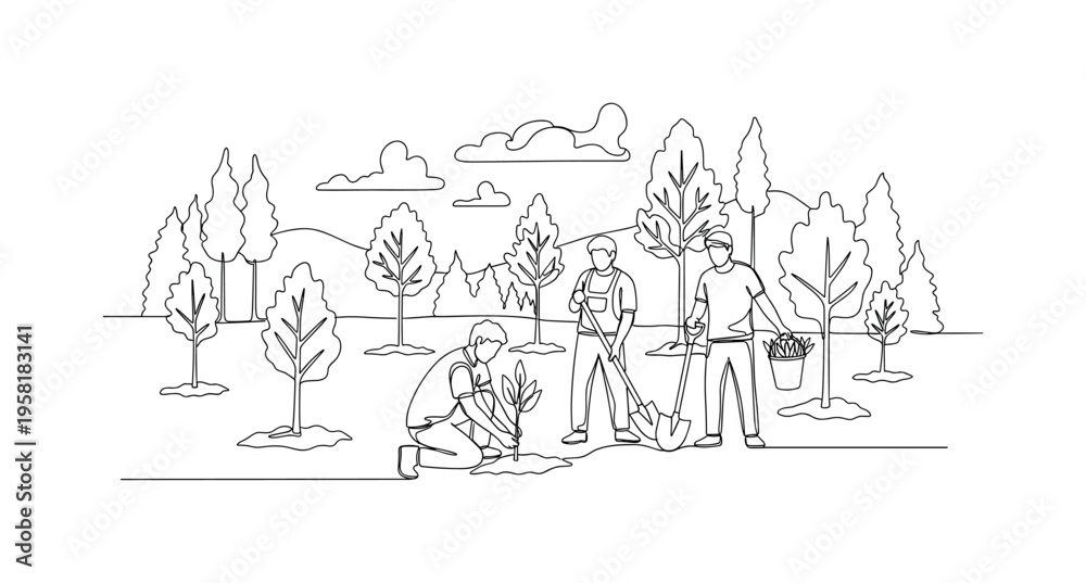 Naklejka premium Reforestation Effort. Minimalistic one-line drawing group of people planting multiple trees in forest clearing, continuous single black line on white