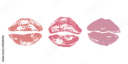 Set of lipstick kiss print Different shapes and colors imprint of lips Red pink female sexy lips makeup Design elements for beauty fashion poster Valentines Day wedding
