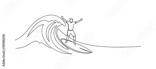 Conquering the Sea. Minimalistic one-line drawing person riding a wave triumphantly on a surfboard, continuous single black line on white background, simple