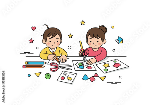 Kids craft table scene with colored pencils, scissors, and paper shapes while two children focus on making a playful art piece together. Bright and engaging