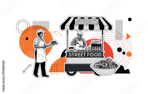 street food vendor serving popular dish abstract circles lines and geometric shapes representing current culinary culture black and white retro human figure