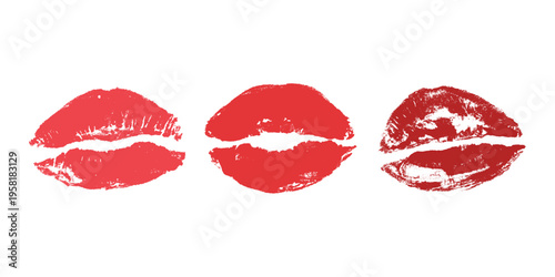 Set of lipstick kiss print Different shapes and colors imprint of lips Red pink female sexy lips makeup Design elements for beauty fashion poster Valentines Day wedding