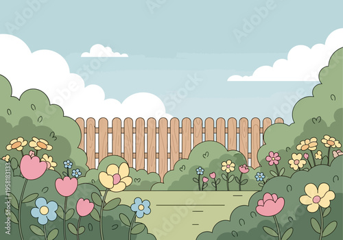 Vibrant Spring Garden with Blooming Flowers and Greenery.