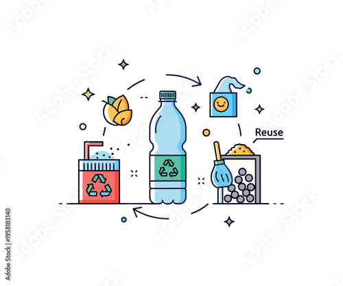 Plastic recycling cycle plastic bottle moving through a small circular flow of sorting, cleaning, and transformation into new material pellets. Simple arrows