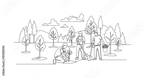 Reforestation Effort. Minimalistic one-line drawing group of people planting multiple trees in forest clearing, continuous single black line on white