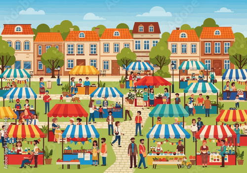 Outdoor Market Scene with Diverse Stalls and Shoppers.