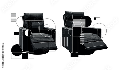 plush reclining chairs, geometric lines circles and abstract blocks symbolizing luxury and relaxation, black and white retro realistic seating with white