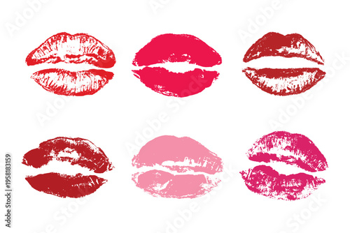 Set of lipstick kiss print Different shapes and colors imprint of lips Red pink female sexy lips makeup Design elements for beauty fashion poster Valentines Day wedding