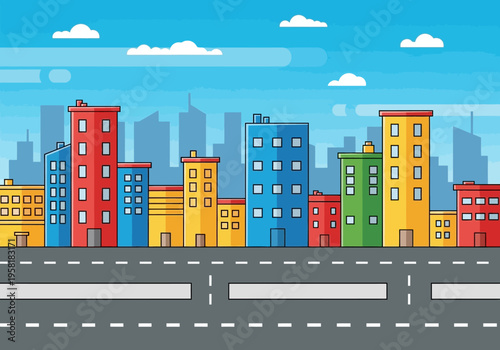 Colorful Cityscape with Modern Buildings and Road.