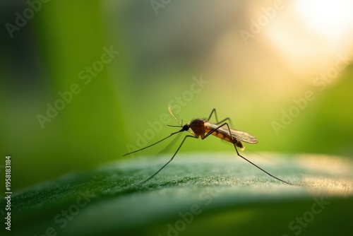 Sunrise Scene With Mosquito On Leaf. Calm Morning With Mosquito Perched On Moist Leafy Branch At Sunrise