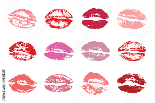 Set of lipstick kiss print Different shapes and colors imprint of lips Red pink female sexy lips makeup Design elements for beauty fashion poster Valentines Day wedding