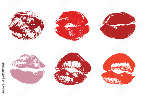 Set of lipstick kiss print Different shapes and colors imprint of lips Red pink female sexy lips makeup Design elements for beauty fashion poster Valentines Day wedding
